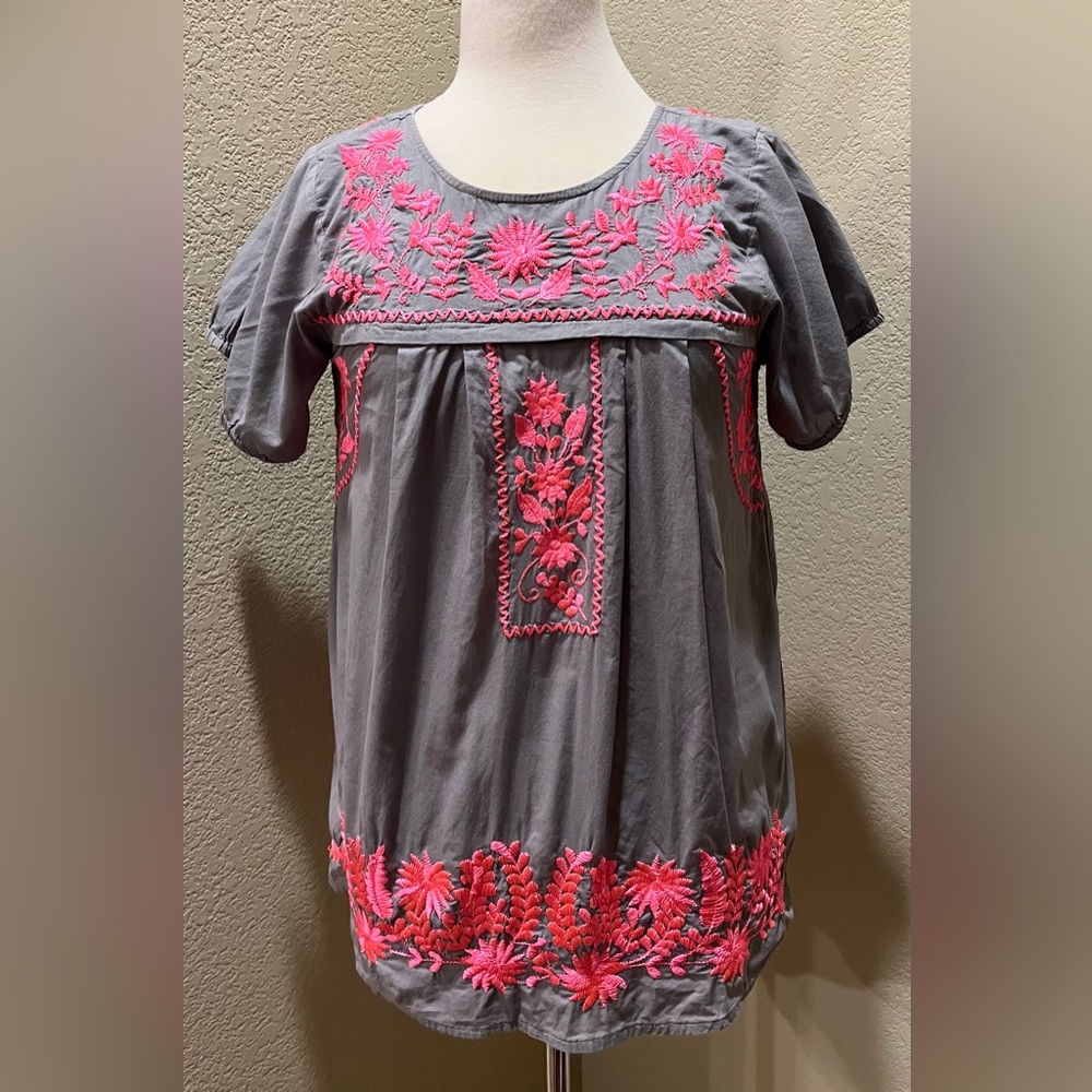 Calypso St Barth Gray Neon Pink Embroidered Boho Spanish Style Top Shirt S